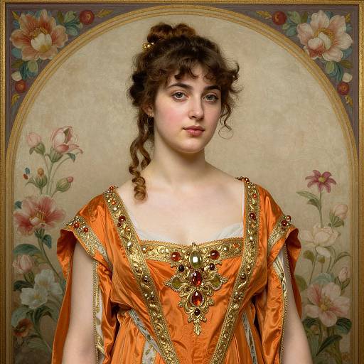 Portrait of a young woman with fair skin, brown curly hair, wearing an orange, gold-embellished gown, against a floral backdrop.