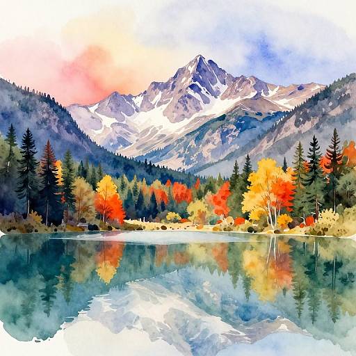 Watercolor painting of a serene mountain lake with reflective water, surrounded by colorful autumn trees, and snow-capped mountains in the background.