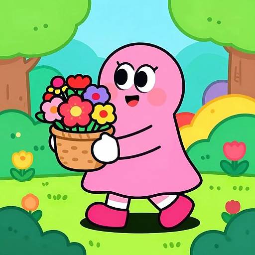 Cartoon pink blob holding basket of colorful flowers in sunny, vibrant garden with trees and flowers. Bright, cheerful art style.
