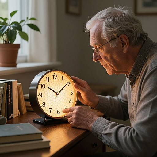 Elderly Man Studying Glowing Honeycomb Clock