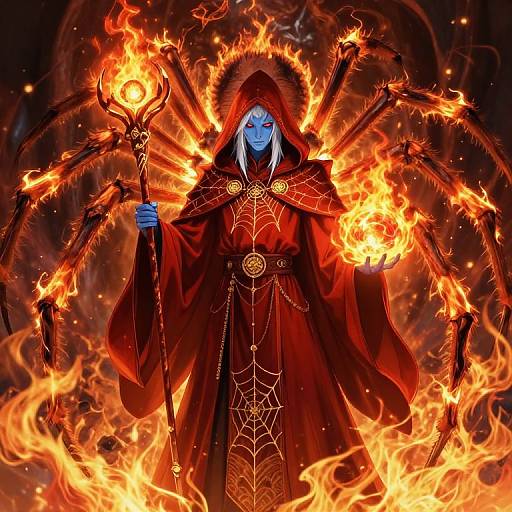 Digital artwork of a blue-skinned, hooded sorceress with fiery eyes, wearing a red robe with intricate patterns, holding a flaming staff,