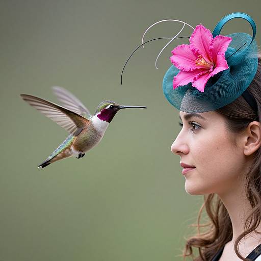 Photograph of a woman in a pink flowered hat with blue netting, facing a hummingbird in mid-flight, against a blurred green background.