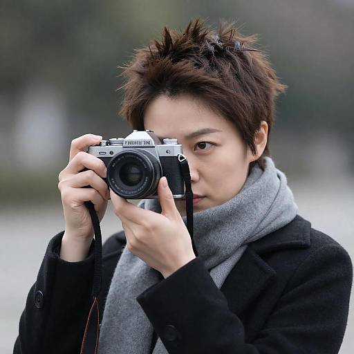 Intense Woman with Camera in Focus