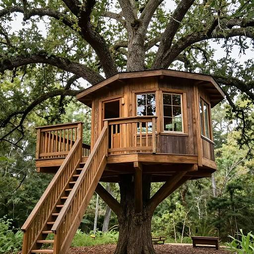 Photograph of a wooden treehouse with a staircase, nestled high in a large tree, surrounded by lush greenery and foliage.