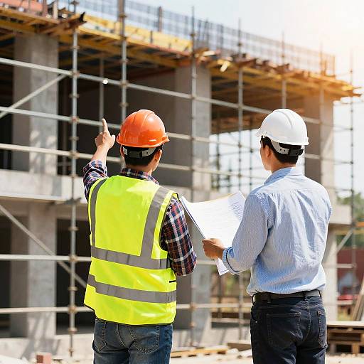Photograph of two male construction workers, one in orange helmet and yellow vest, the other in white helmet and blue shirt, discussing plans at a scaff