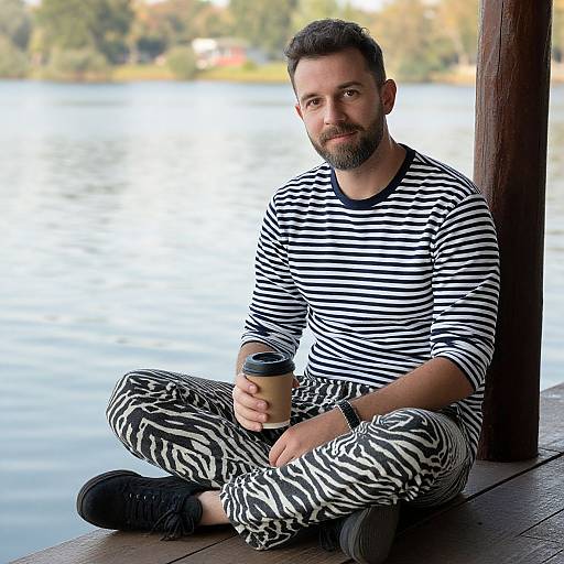 Photograph of a bearded man with short dark hair, wearing black and white striped shirt and pants, sitting by a lake holding a coffee cup,