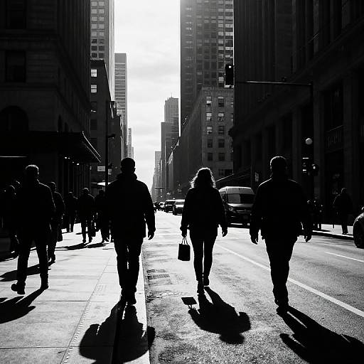 Black and white photograph of silhouetted city pedestrians walking down a sunlit urban street, surrounded by tall buildings, with bright sunlight in the background