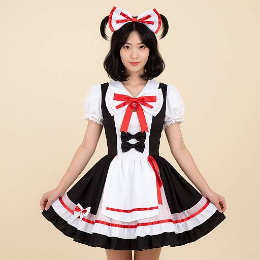 Asian woman in black and white anime-style maid outfit with red bow, black bow, and red accents, holding skirt, against beige background.