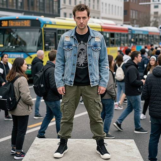 Photograph of a young man with short brown hair, wearing a blue denim jacket, black graphic tee, olive green cargo pants, and black sneakers,