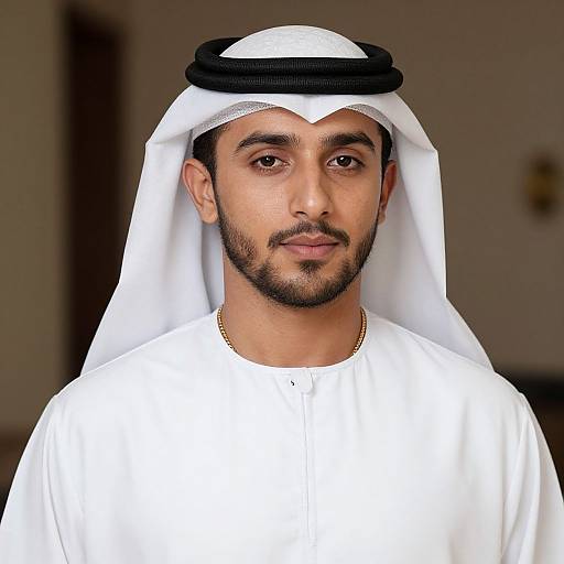 Photograph of a Middle Eastern man with medium skin tone, dark eyes, and trimmed beard, wearing a traditional white thobe and black and white k