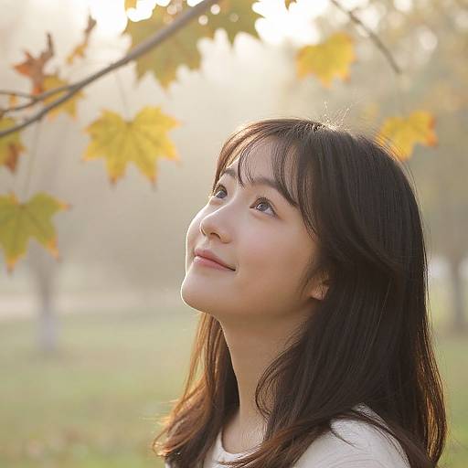 Photograph of an Asian woman with long black hair, smiling upward, surrounded by autumn leaves, bathed in soft sunlight.