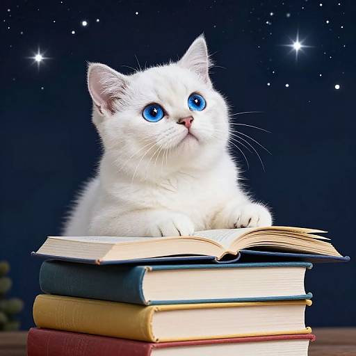 Photorealistic digital image of a white kitten with bright blue eyes, sitting on a stack of books, gazing upward against a starry night sky