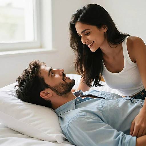 Photograph of a smiling, dark-haired woman in a white tank top leaning over a bearded man in a blue shirt, lying in bed with white