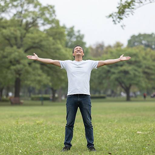 Photograph of a smiling man in a white t-shirt and blue jeans, standing with arms outstretched in a green park.