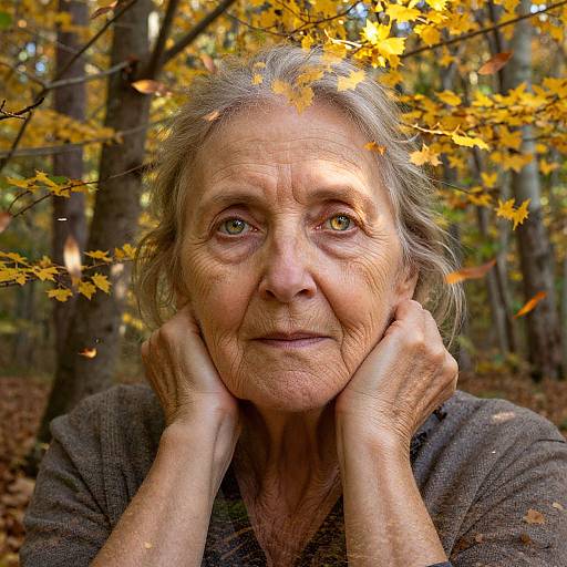 Photograph of an elderly woman with gray hair, fair skin, and green eyes, resting her hands on her cheeks, surrounded by autumn leaves in a