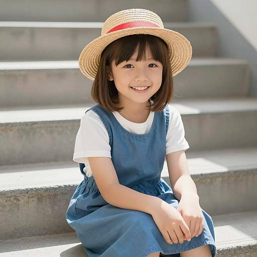 Smiling Girl in Straw Hat Sitting on Stairs