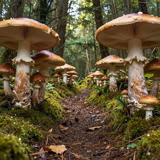Dreamy Forest Path with Oversized Mushrooms
