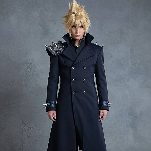 Photograph of spiky-haired male character in black, double-breasted coat with spiked shoulder pads, standing against a textured gray wall.