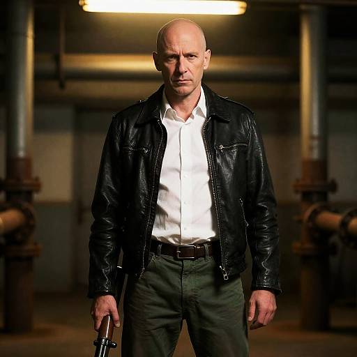 Serious Bald Man with Rifle in Industrial Setting