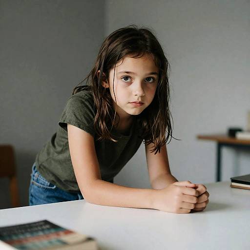 Young Girl with Intense Gaze at Table