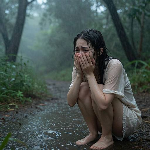 Photograph of a wet, sad young woman with long dark hair, squatting in a rainforest path, covering her face with hands, wearing a