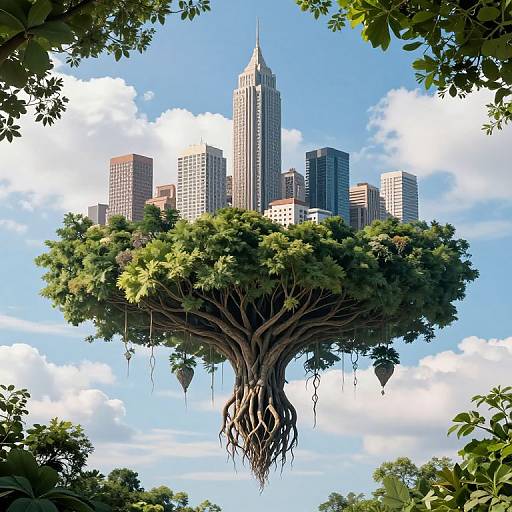 Digital artwork of a tree with a dense, green canopy supporting a futuristic cityscape of tall skyscrapers against a bright blue sky. Tree roots d