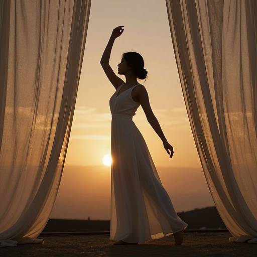 Silhouetted woman in flowing white dress poses gracefully between sheer curtains at sunset, sun setting behind her, warm orange glow. Photograph.
