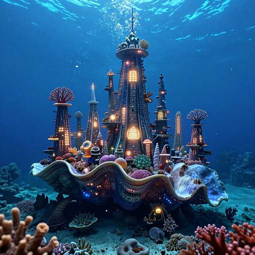 Underwater photograph of a glowing, whimsical castle with illuminated windows, surrounded by colorful coral and sea creatures, bathed in blue ocean light.