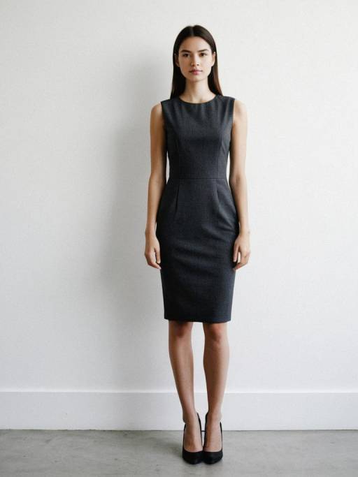 Woman in Charcoal Sleeveless Sheath Dress