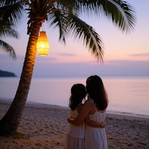 Photograph of a mother and daughter in white dresses, hugging under a lit palm tree at sunset on a beach.