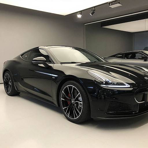Photograph of a sleek, black, modern sports car with glossy finish and black alloy wheels, displayed in a brightly lit, minimalist showroom.
