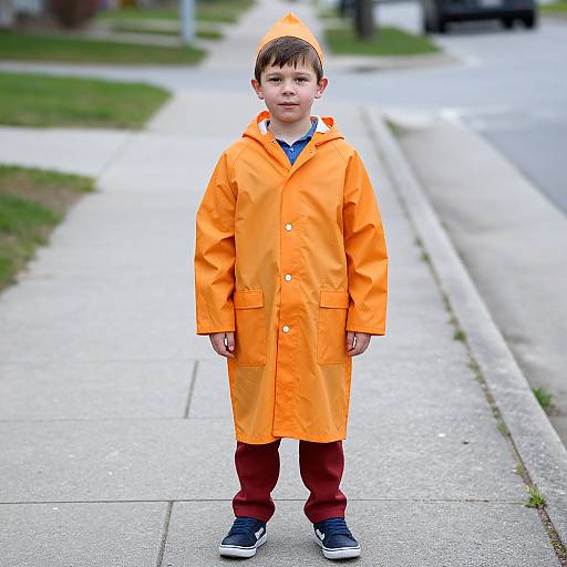 Photograph of a young boy standing on a sidewalk in an orange raincoat, red pants, blue shirt, and black sneakers, with a small orange