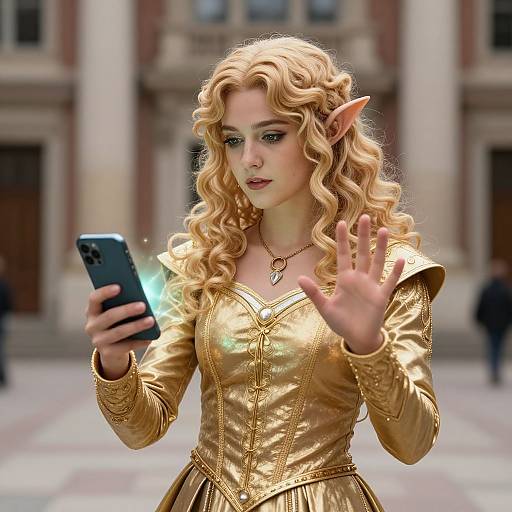 Digital art of a blonde, elf-eared woman with curly hair, wearing a golden medieval dress, holding a glowing smartphone, waving, in a blurred