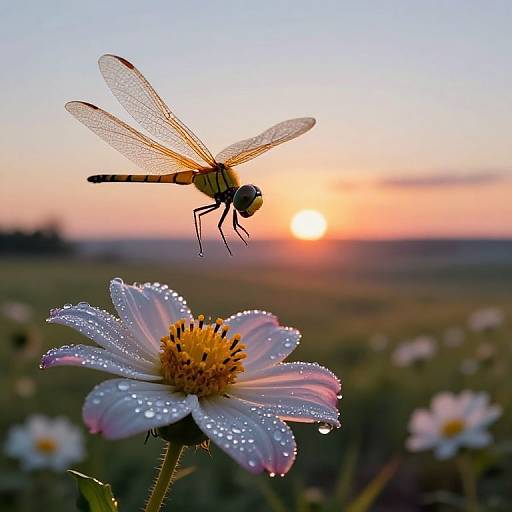 Photograph of a detailed dragonfly with transparent wings hovering above a dewy white daisy with pink edges at sunset, casting a warm orange glow across