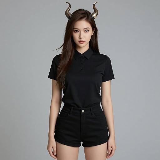 Horned Female Model in Black Outfit