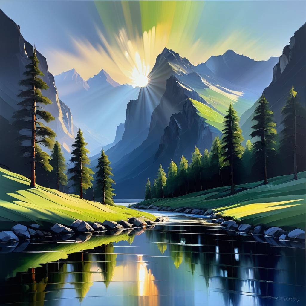 Cinematic Serene Mountain Oil Painting