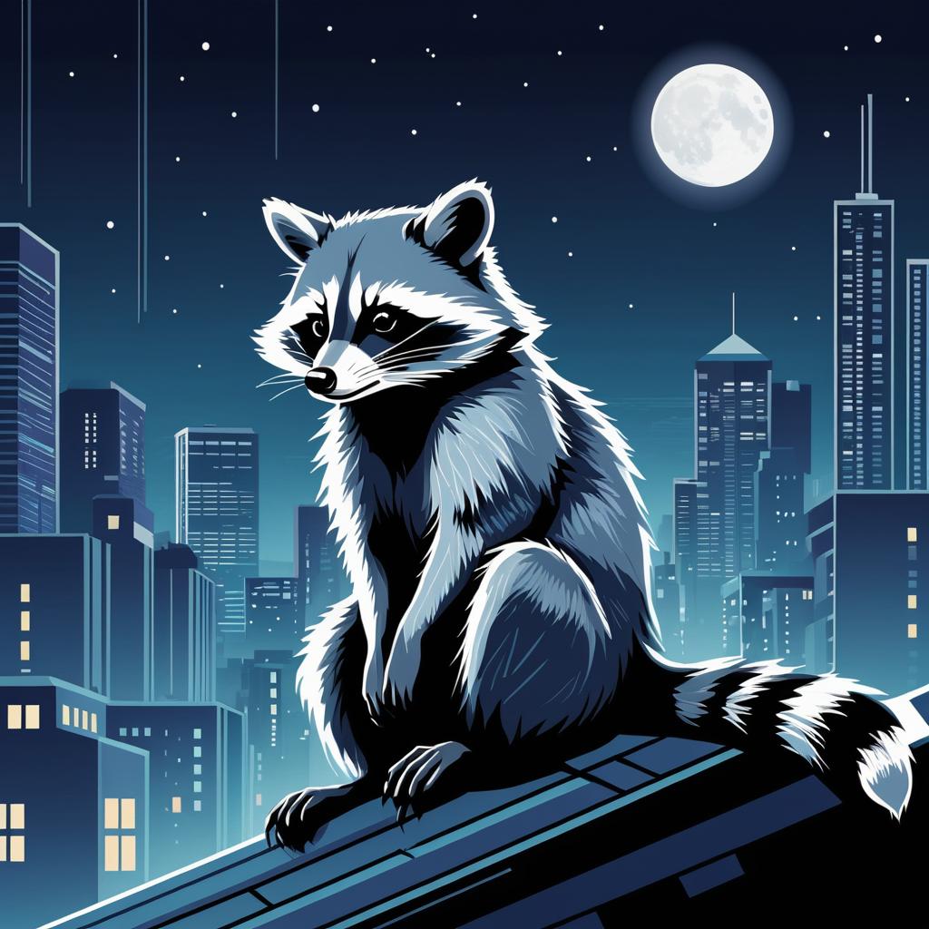 Sly Raccoon in Urban Nightscape