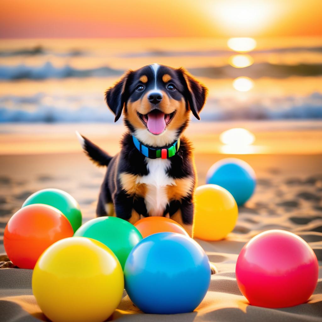 Joyful Puppy Playing at Sunset Beach