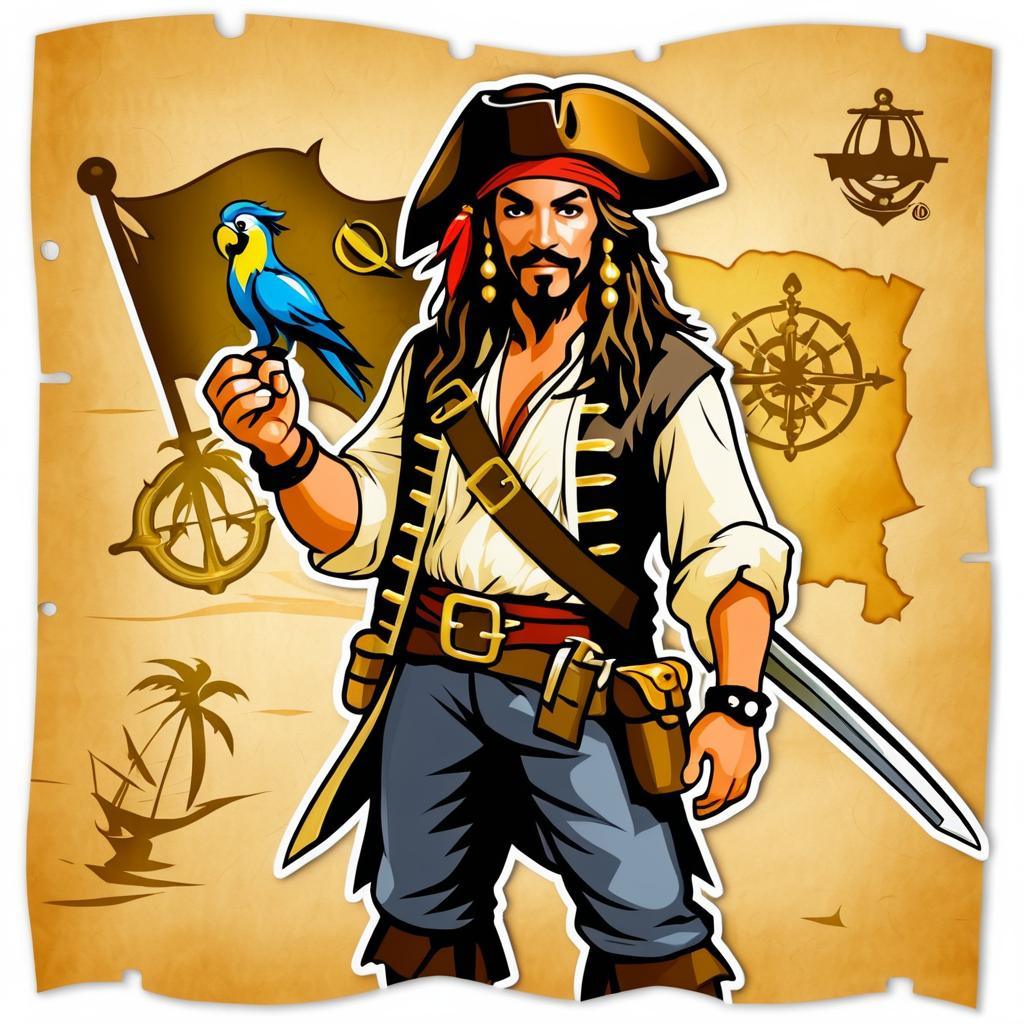 Pirate and Parrot Treasure Map Art