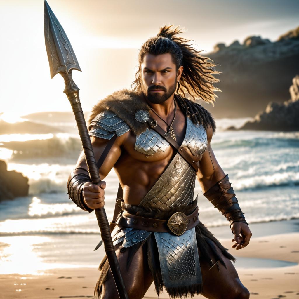 Fierce Barbarian Warrior on Sunlit Beach