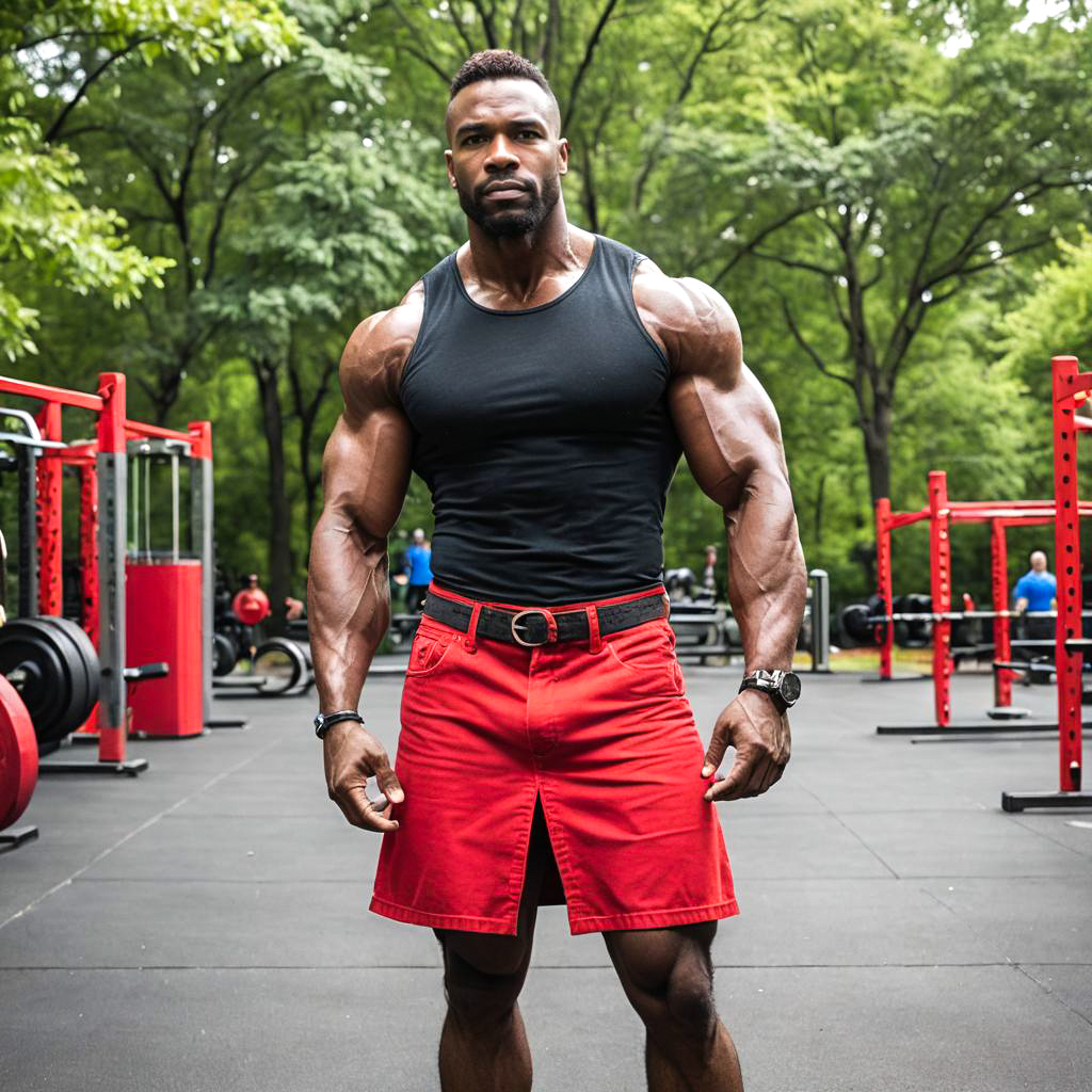 Muscular Man in Red Denim Skirt Outdoors