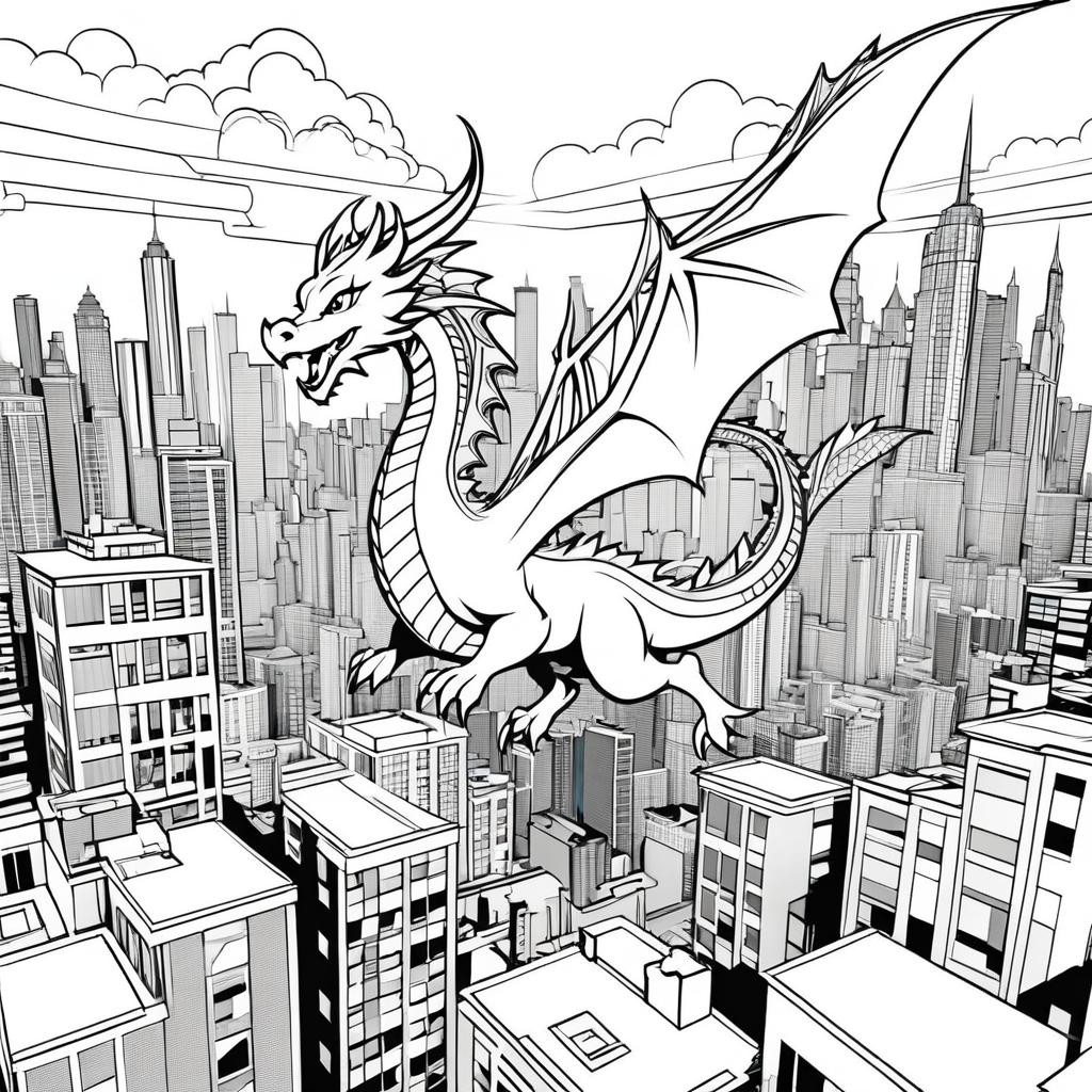 Retro Comic Dragon Over Cityscape