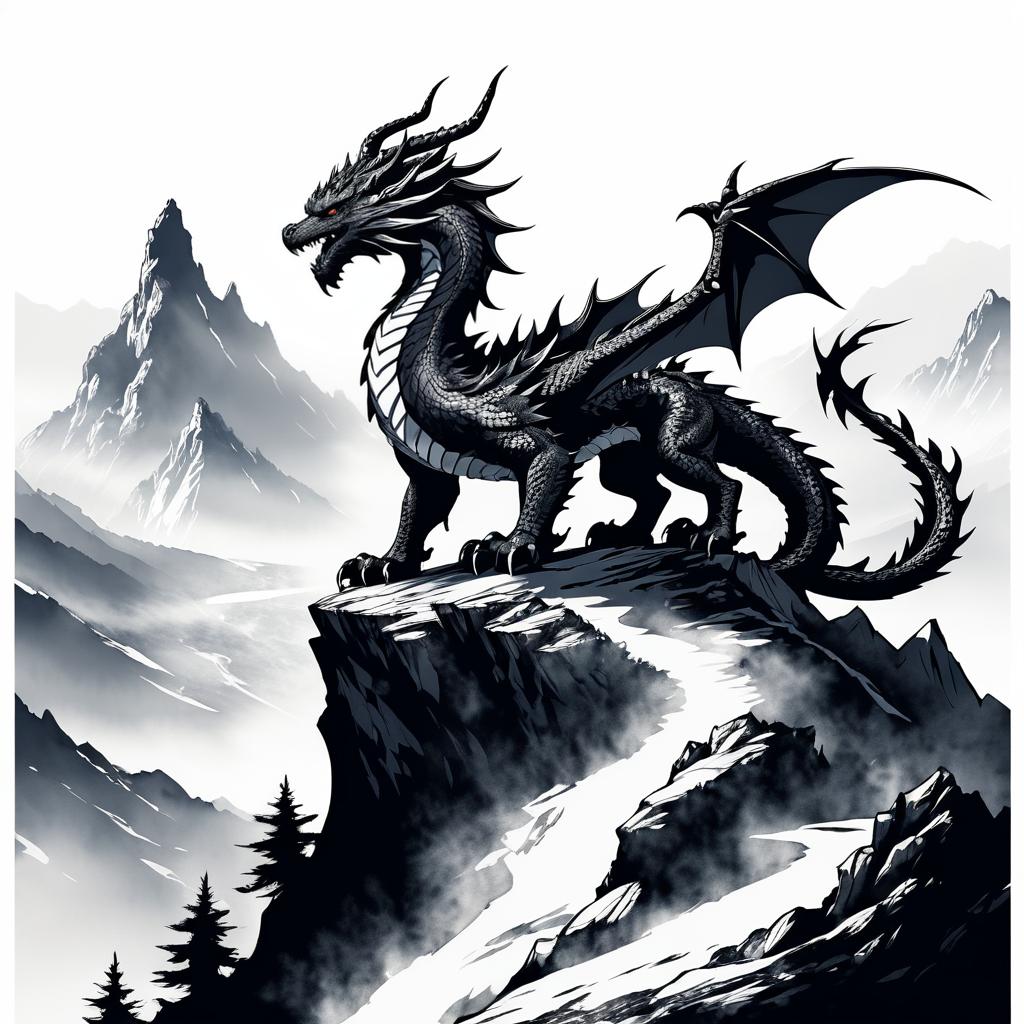 Fierce Dragon Ink Drawing on Mountain Peak