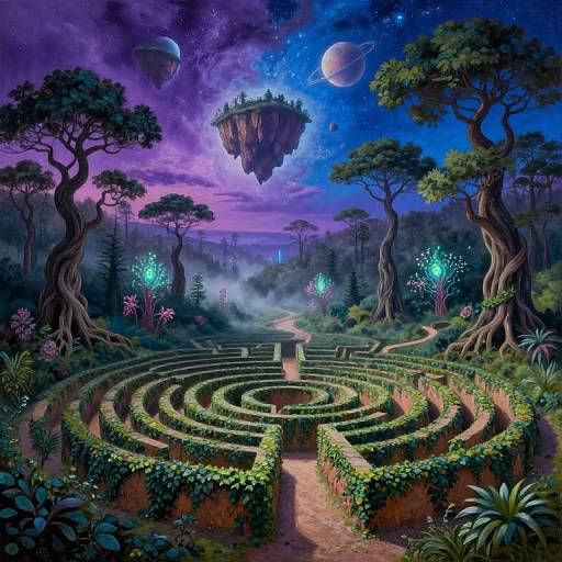 Digital fantasy artwork: Luminous maze in a mystical forest, surrounded by glowing plants, floating islands, and a starry, purple twilight sky.