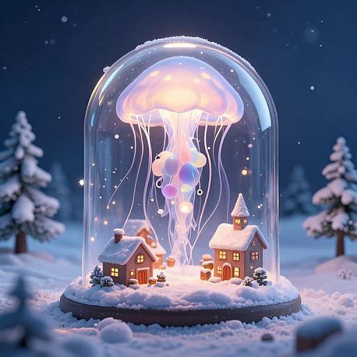 Photograph of a snow-covered scene with a glowing jellyfish under a dome, illuminating two tiny, warmly lit houses. Starry night background.