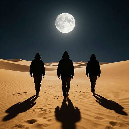 Silhouetted trio walks on desert sand under full moon, casting long shadows; bright moon illuminates vast, rippled dunes. Photograph.
