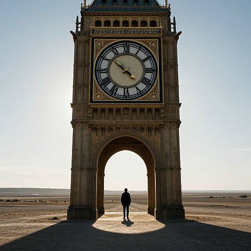 Photograph of a person standing in front of a large, ornate clock tower with a black clock face, under a clear blue sky, casting a