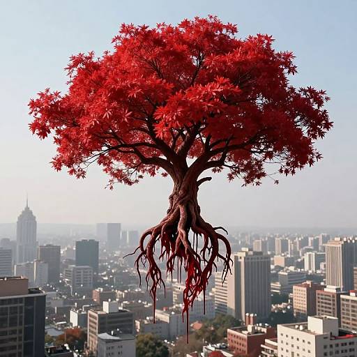 Digital artwork of a vibrant red-leaved tree with exposed roots floating above a cityscape of skyscrapers and buildings under a clear blue sky.