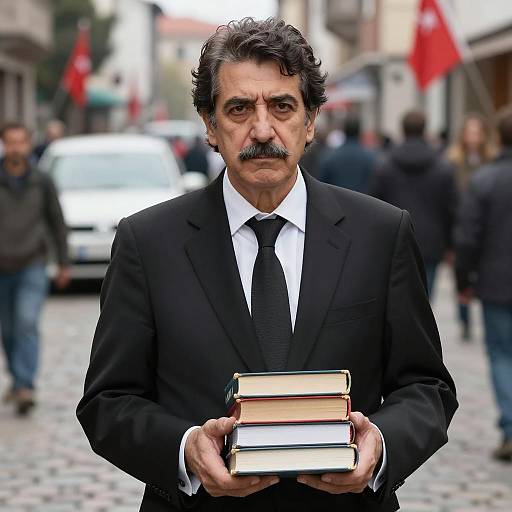 Serious Man in Black Suit with Books