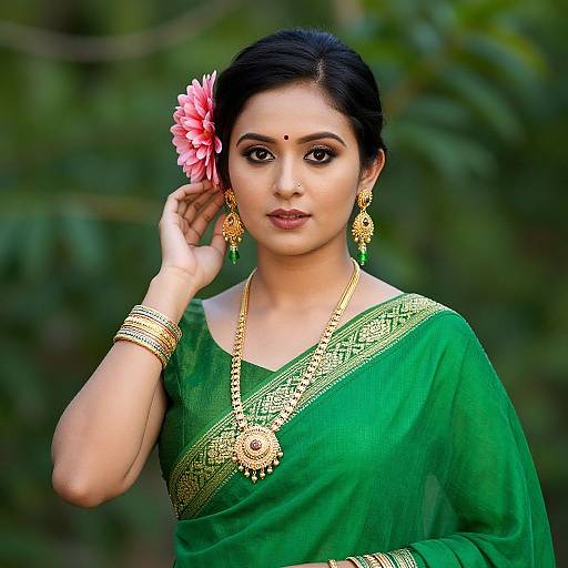 Photograph of an Indian woman with dark hair, green saree, gold jewelry, pink flower in hair, green background, looking directly at camera.
